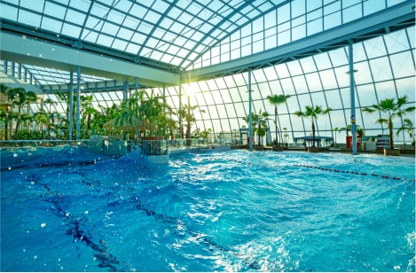 A large wave pool in an indoor waterpark, filled with sunlight and surrounded by tropical palm trees.